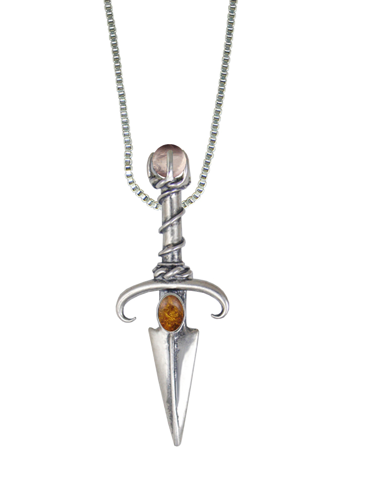 Sterling Silver Black Prince's Knife Dagger Pendant With Amber And Rose Quartz